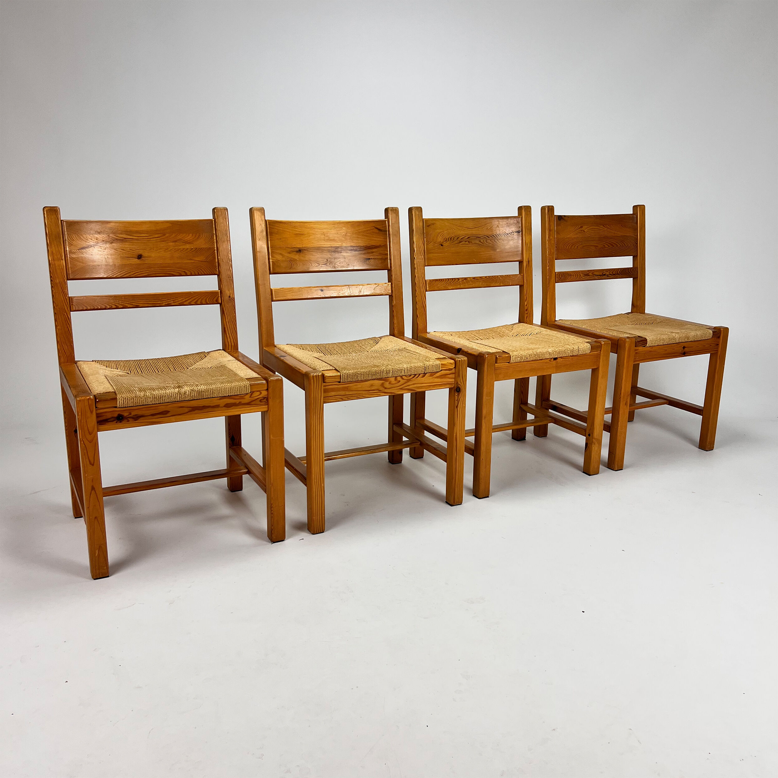 Set of 4 mid century scandinavian pine and papercord dining chairs, 1960s