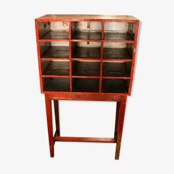 Red shelf 12 boxes old postal locker teak wood piece and original patina 77x41x138cm