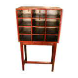 Red shelf 12 boxes old postal locker teak wood piece and original patina 77x41x138cm
