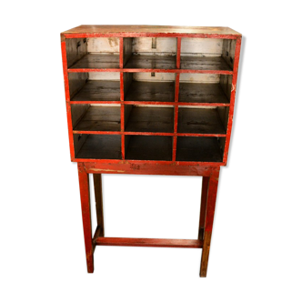 Red shelf 12 boxes old postal locker teak wood piece and original patina 77x41x138cm