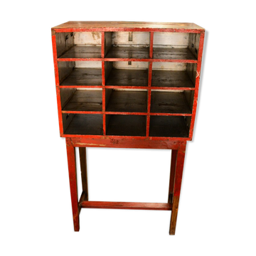 Red shelf 12 boxes old postal locker teak wood piece and original patina 77x41x138cm