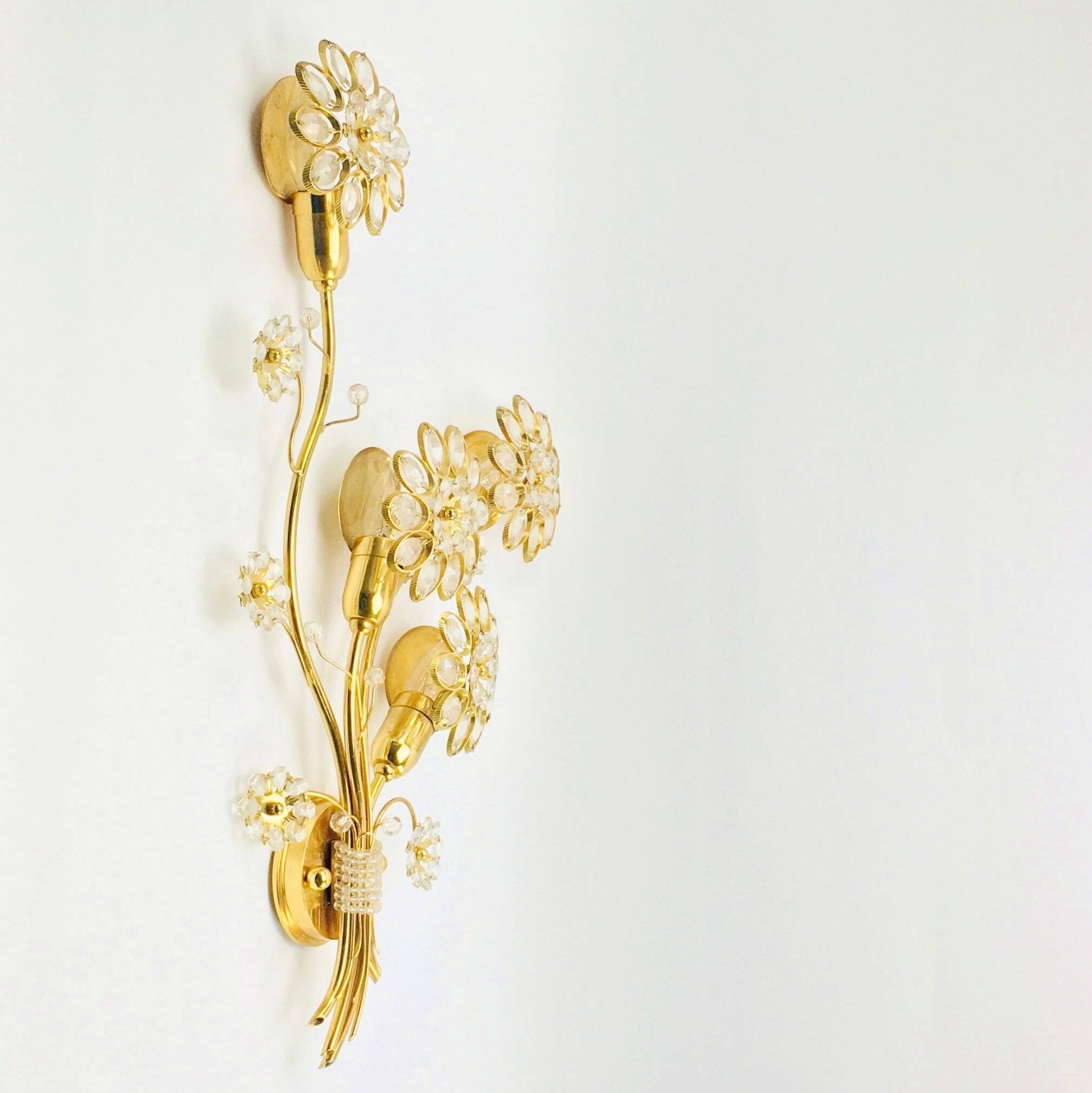 Pair of Extra Large Mid Century Gilt Brass & Crystal Flower Shape Wall Lights from Palwa, Germany