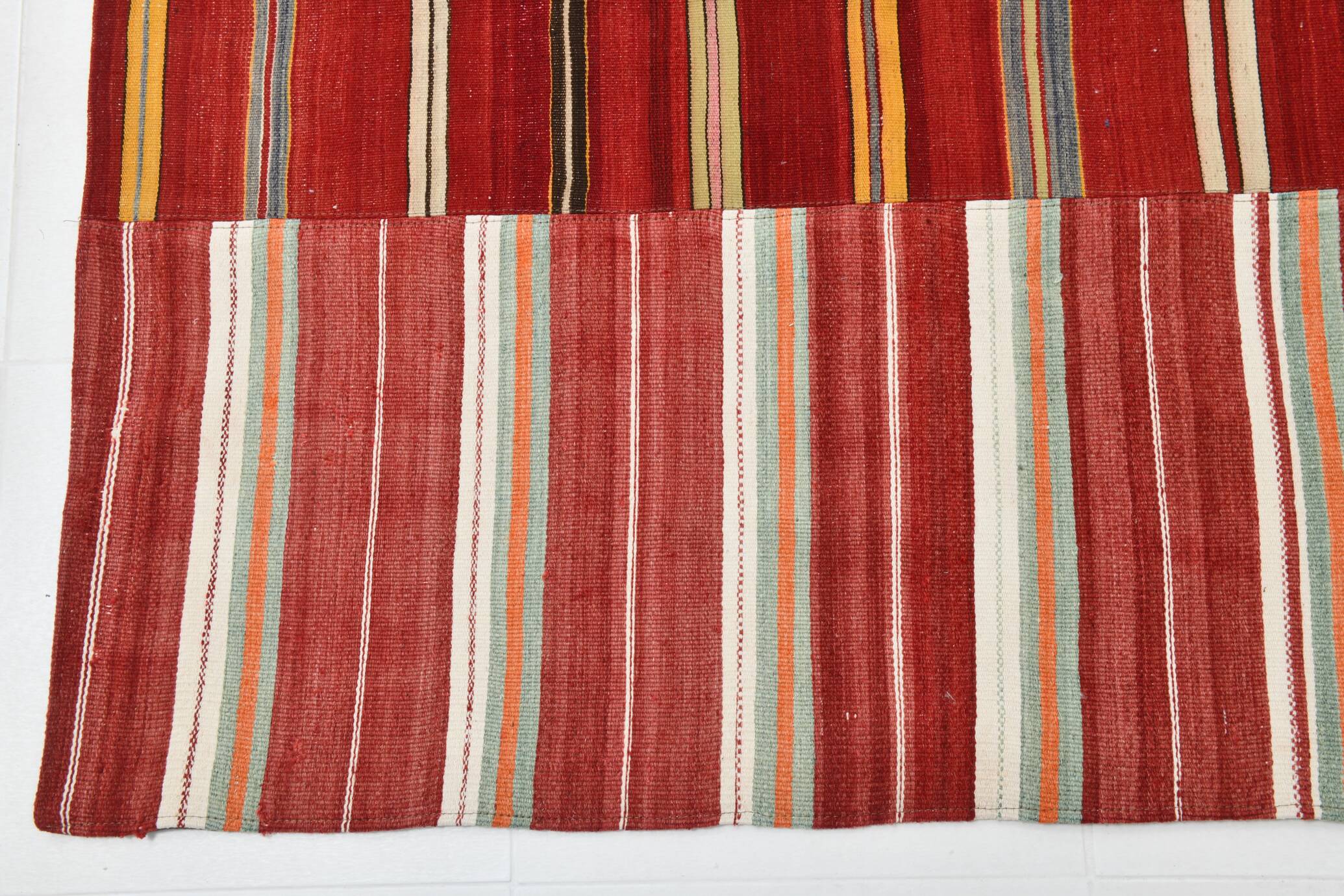 Red & Green Striped Pattern Turkish Kilim Rug, 270x383Cm