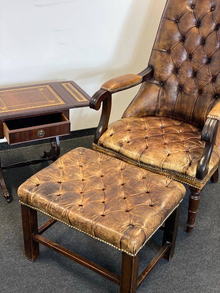 Antique Chesterfield Wing Chair with Stool and English Side Table
