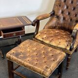 Antique Chesterfield Wing Chair with Stool and English Side Table