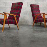Pair of French beech armchairs from the 60s, tartan fabric