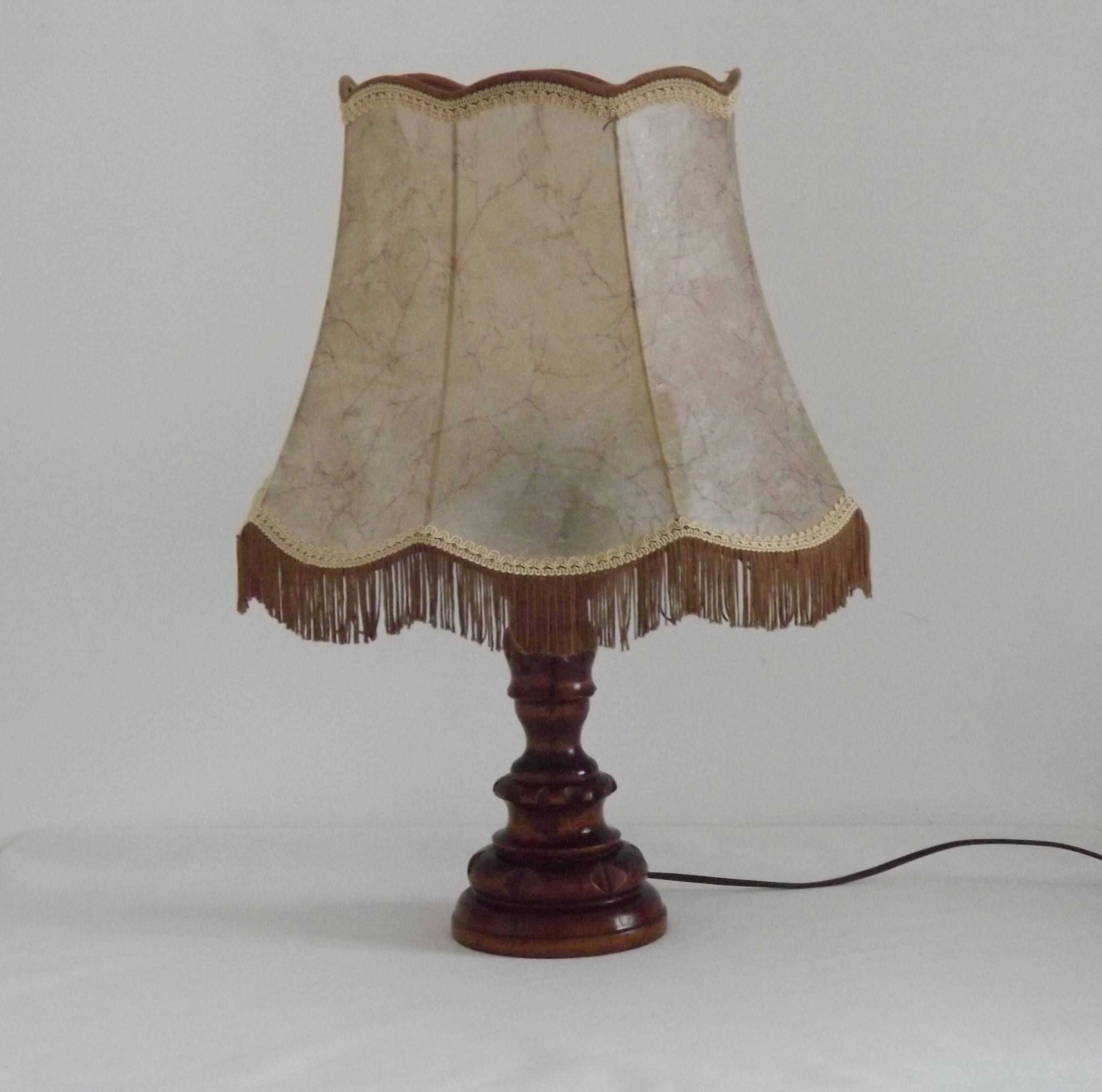 Vintage French Country Table Lamp Carved Turned Wood Base & Hide Skin Shade
