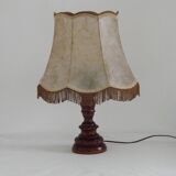 Vintage French Country Table Lamp Carved Turned Wood Base & Hide Skin Shade