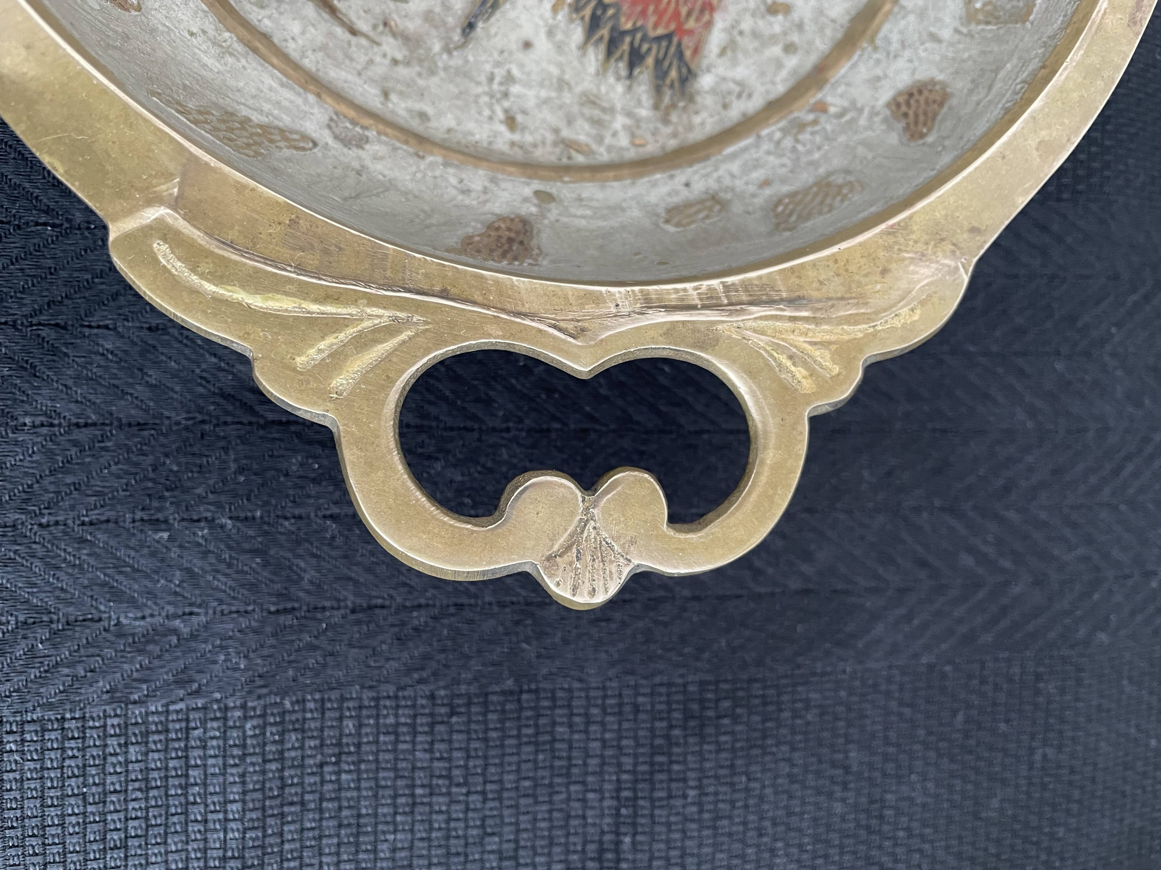 Antique chiseled brass cup - empty pocket - gold - gold color - painted birds - France