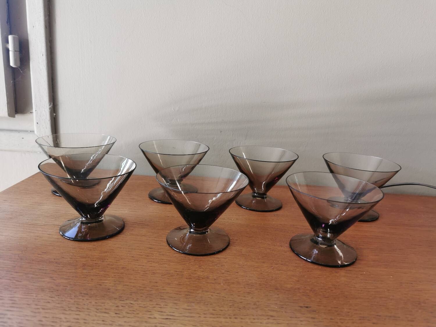 Set of 7 smoked glass art deco cups