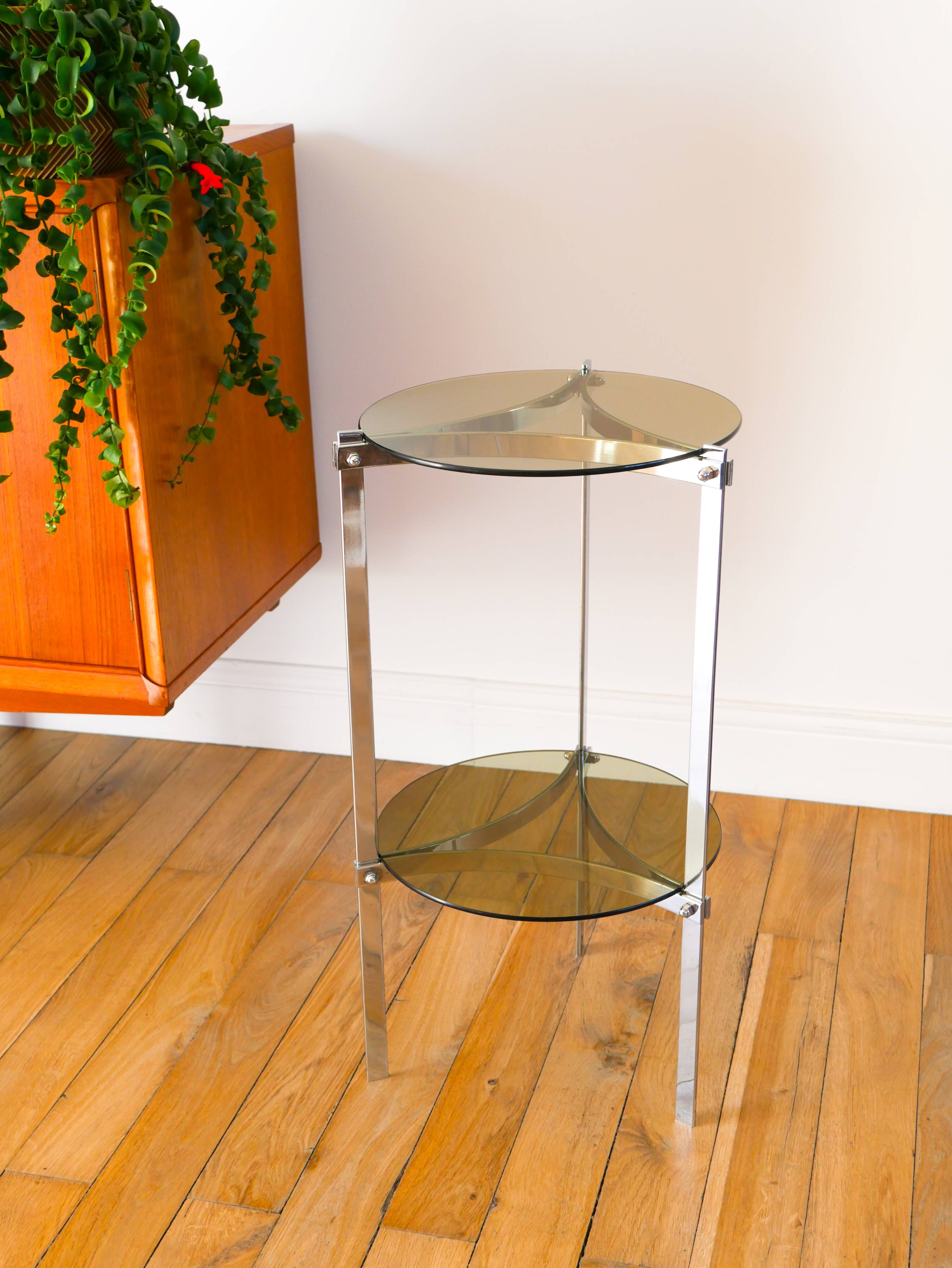Tripod stand in chrome and smoked glass, double floors, Design, 1970
