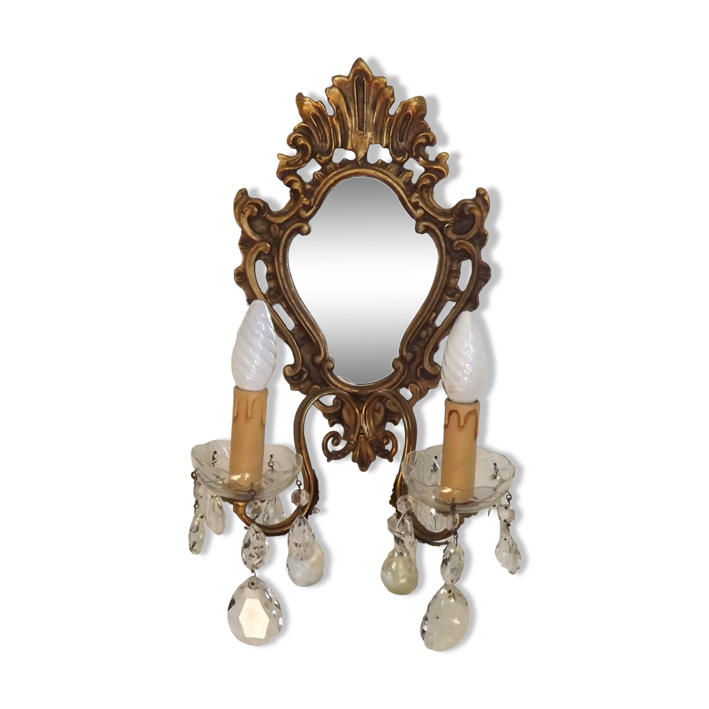 French Antique Gilt Bronze Baroque Double Light Crystal Mirror Wall Sconce 4807