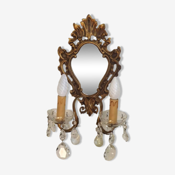 French Antique Gilt Bronze Baroque Double Light Crystal Mirror Wall Sconce 4807