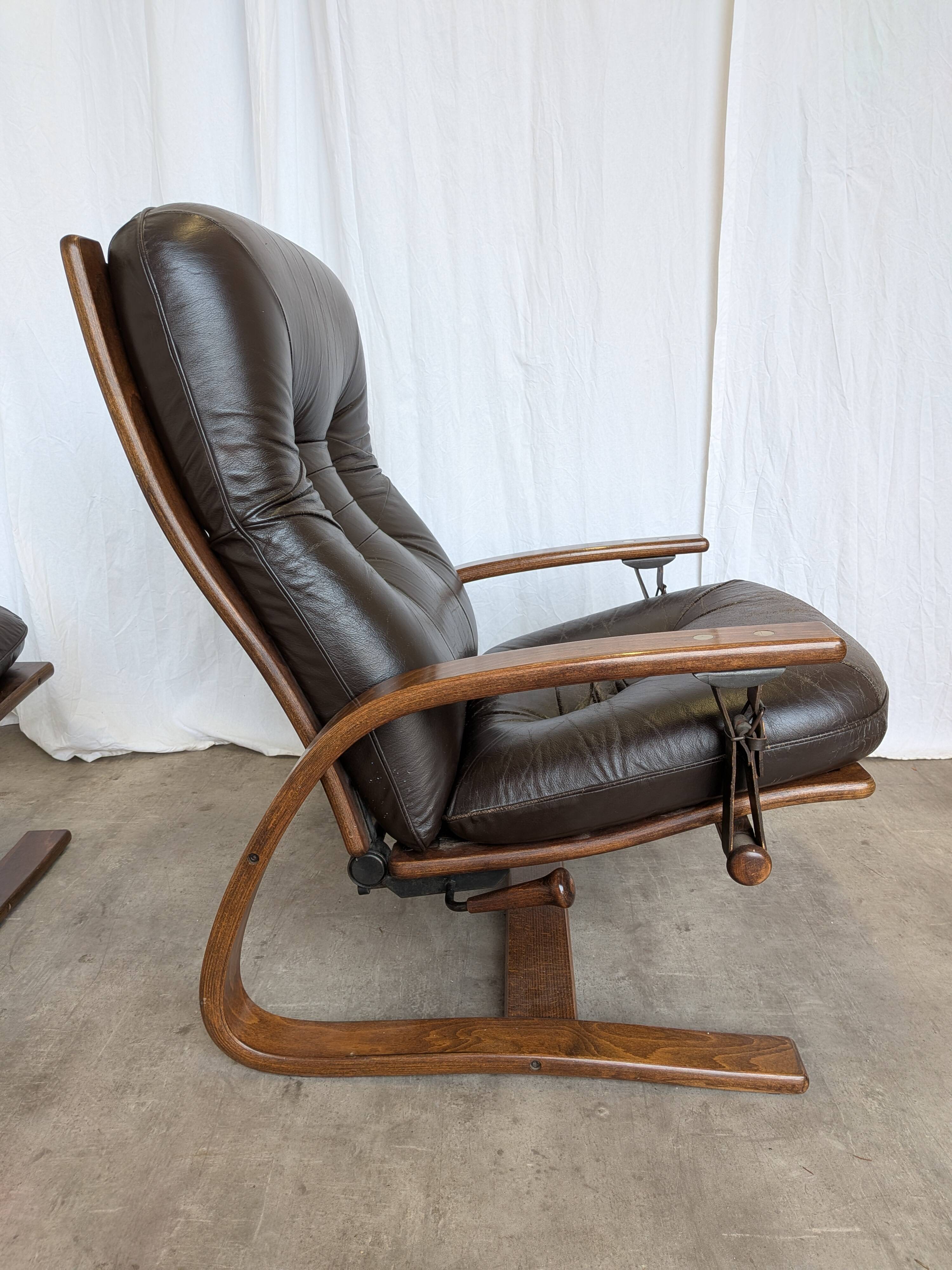 Vintage Panther Lounge Chair with Ottoman / Brown Leather Recliner Armchair