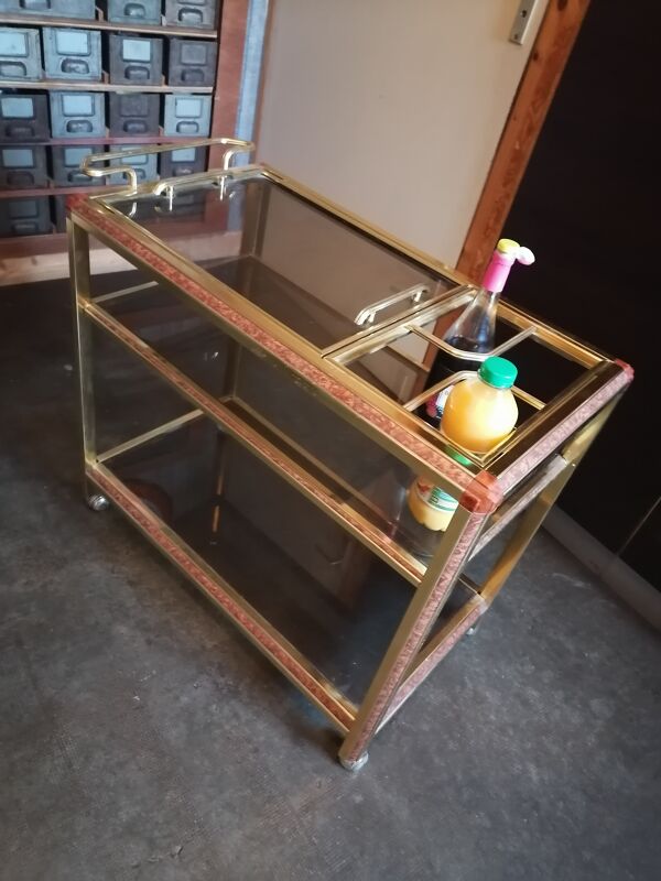 Desserte laiton verre fumé  bar roulettes