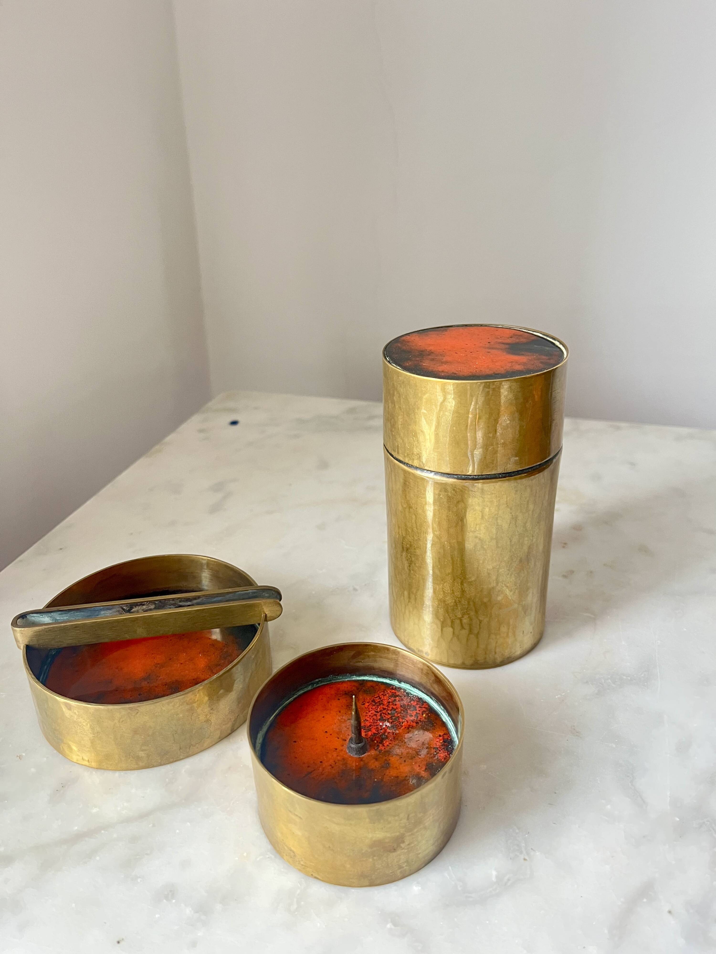 Vintage Red Enamelled Bronze Set, Ashtray, Candle Holder & Lidded Jar, 50s