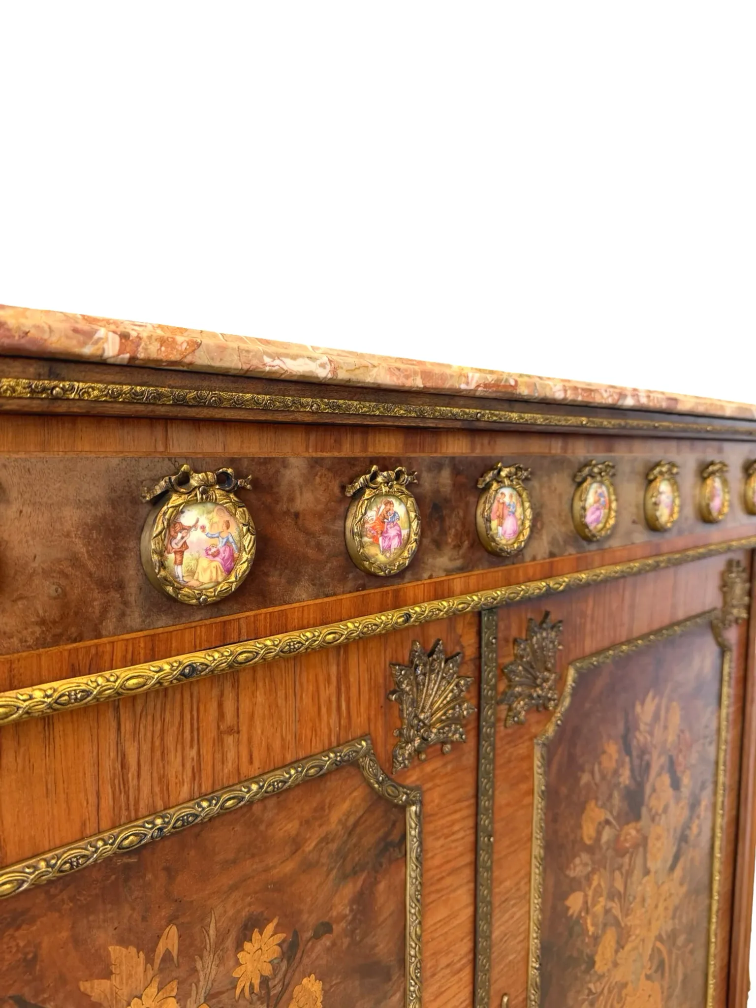 An antique French Louis XVI-style marble-top side cabinet