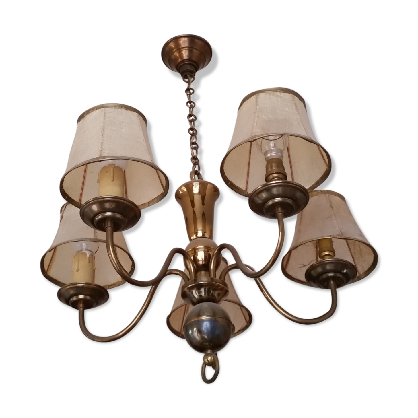 Lustre en laiton à 5 branches style hollandais, et abats-jour | Selency