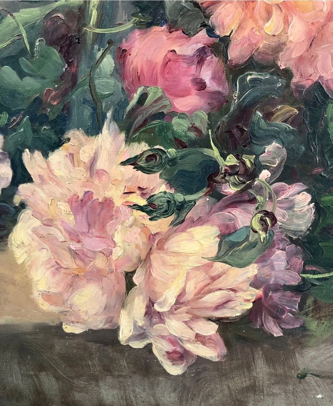 François Félix Roubaud Still life oil on wooden panel bouquet roses peonies XIX