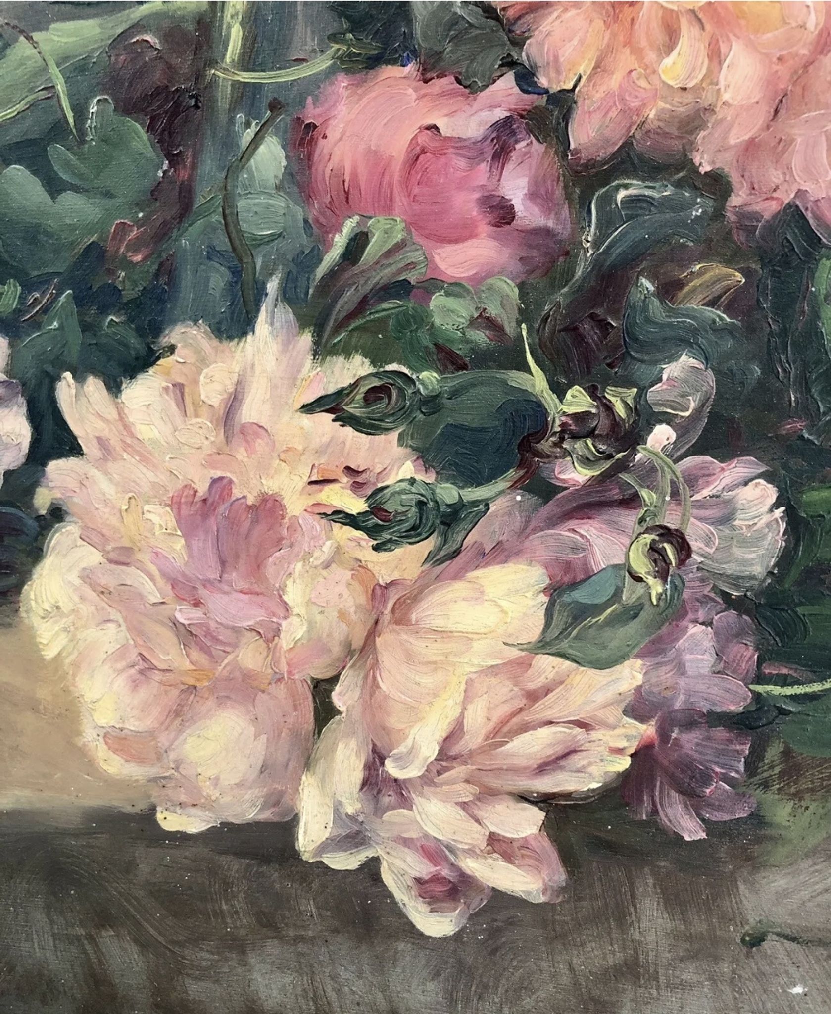 François Félix Roubaud Still life oil on wooden panel bouquet roses peonies XIX