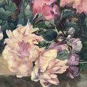 François Félix Roubaud Still life oil on wooden panel bouquet roses peonies XIX