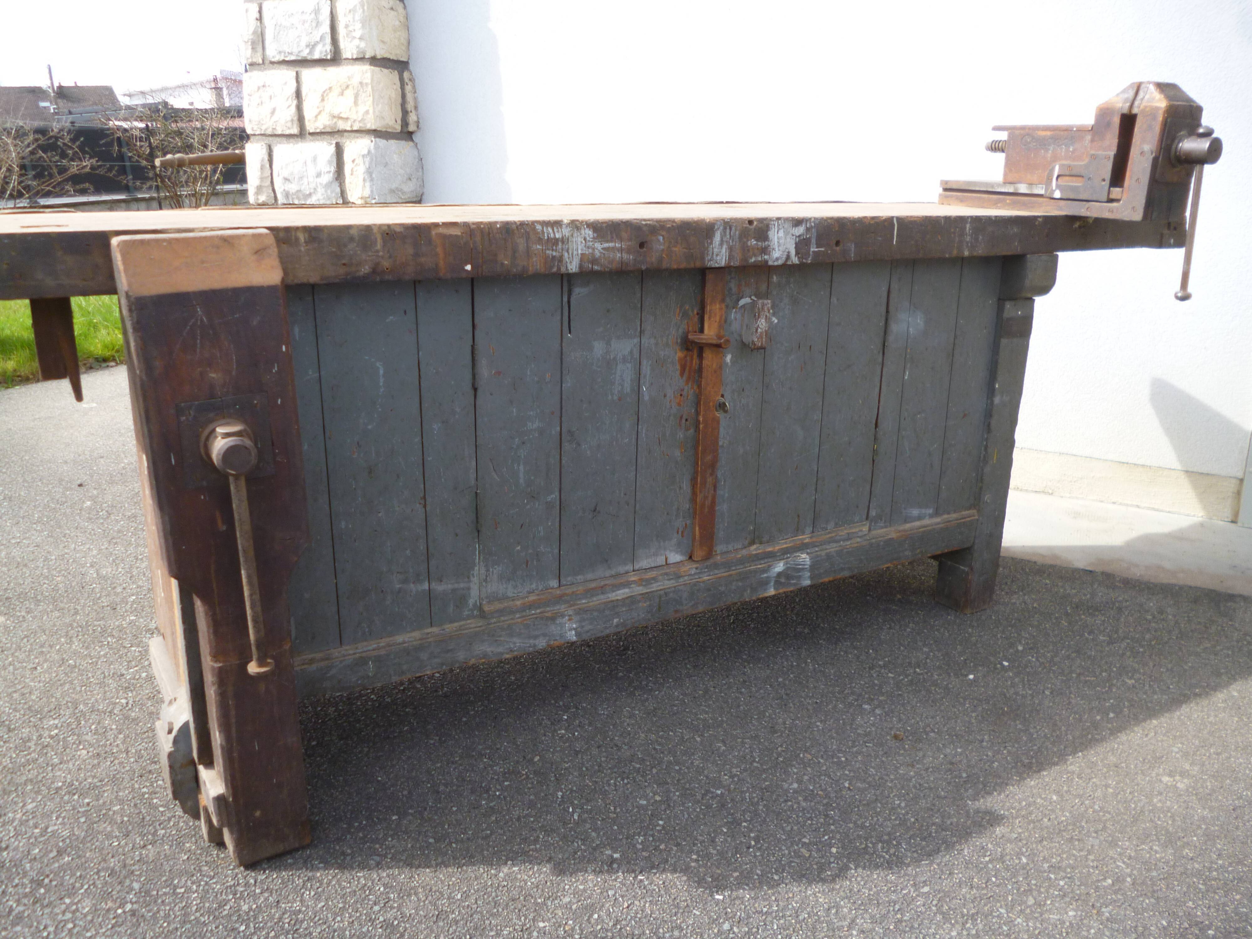Peugeot brand old green patina wooden workbench