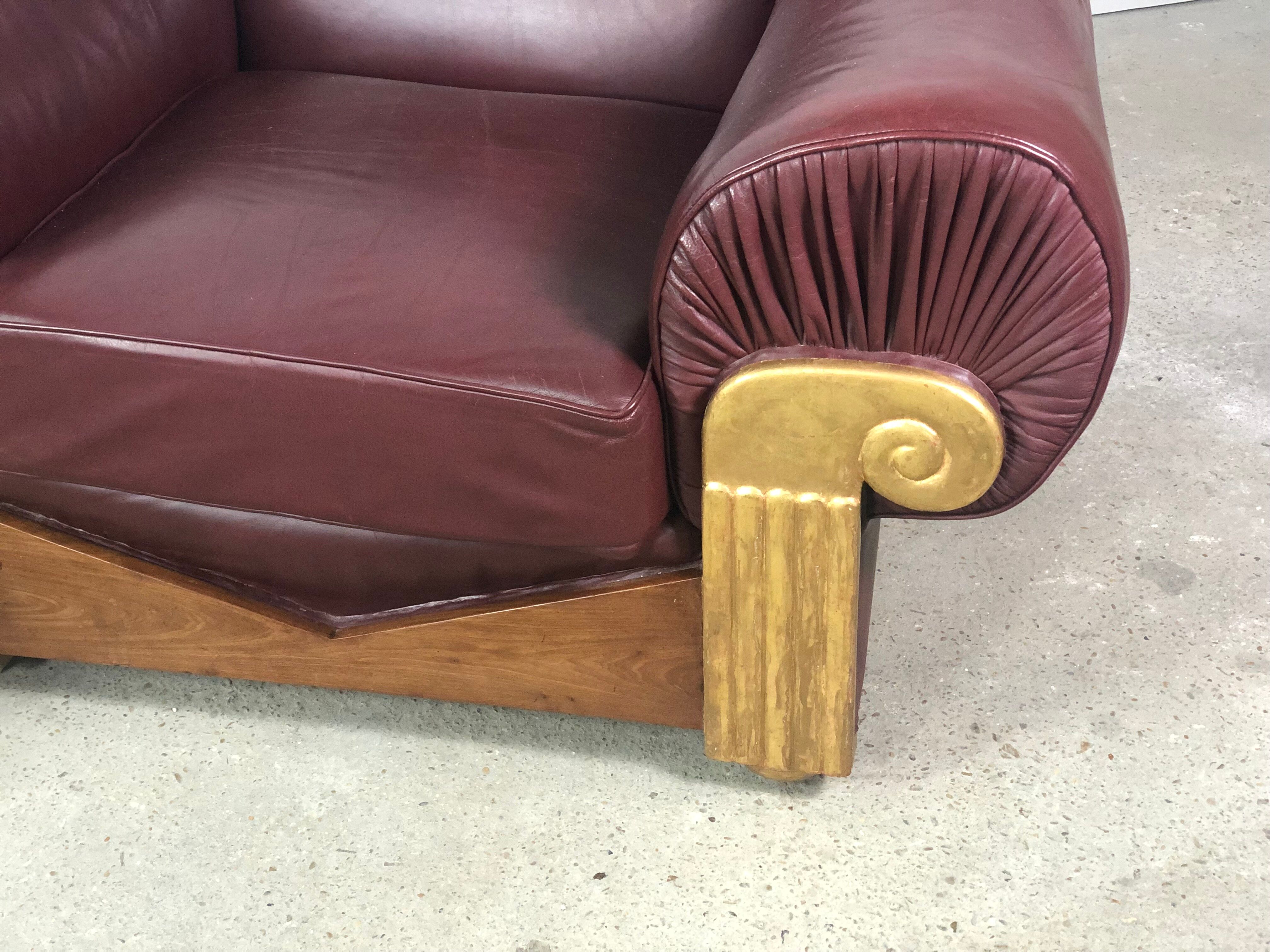 Armchairs (the pair) art deco style in wood and burgundy leather 1940