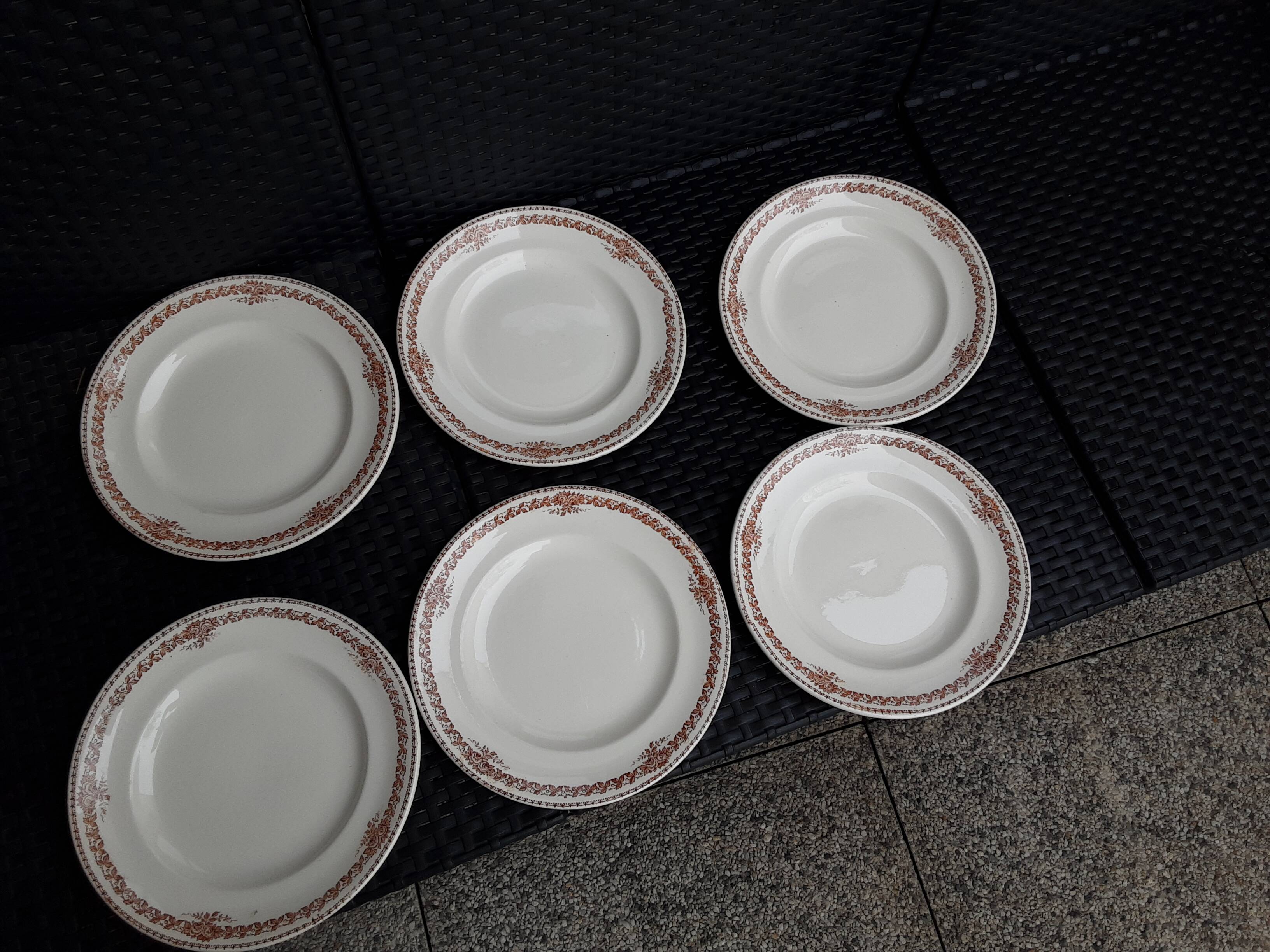 Set of 6 vintage flat plates, 23 cm, Longwy brand, Mireille pattern.