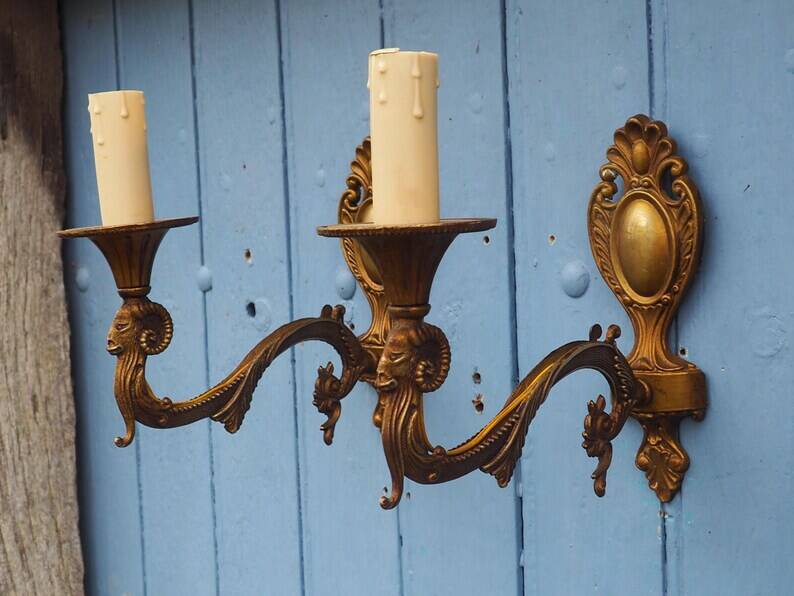 Vintage Rams Head French Bronze Wall Sconces Wall Lights C1930s Pair