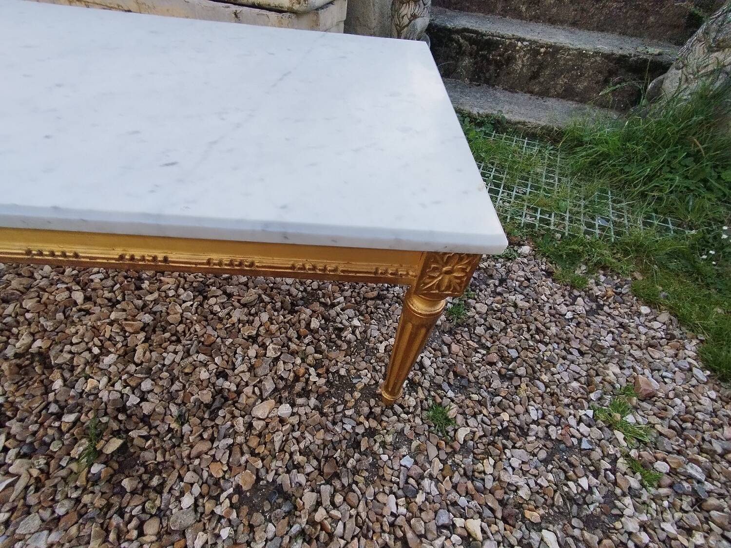 Louis XVI style coffee table in old gilded wood with marble top