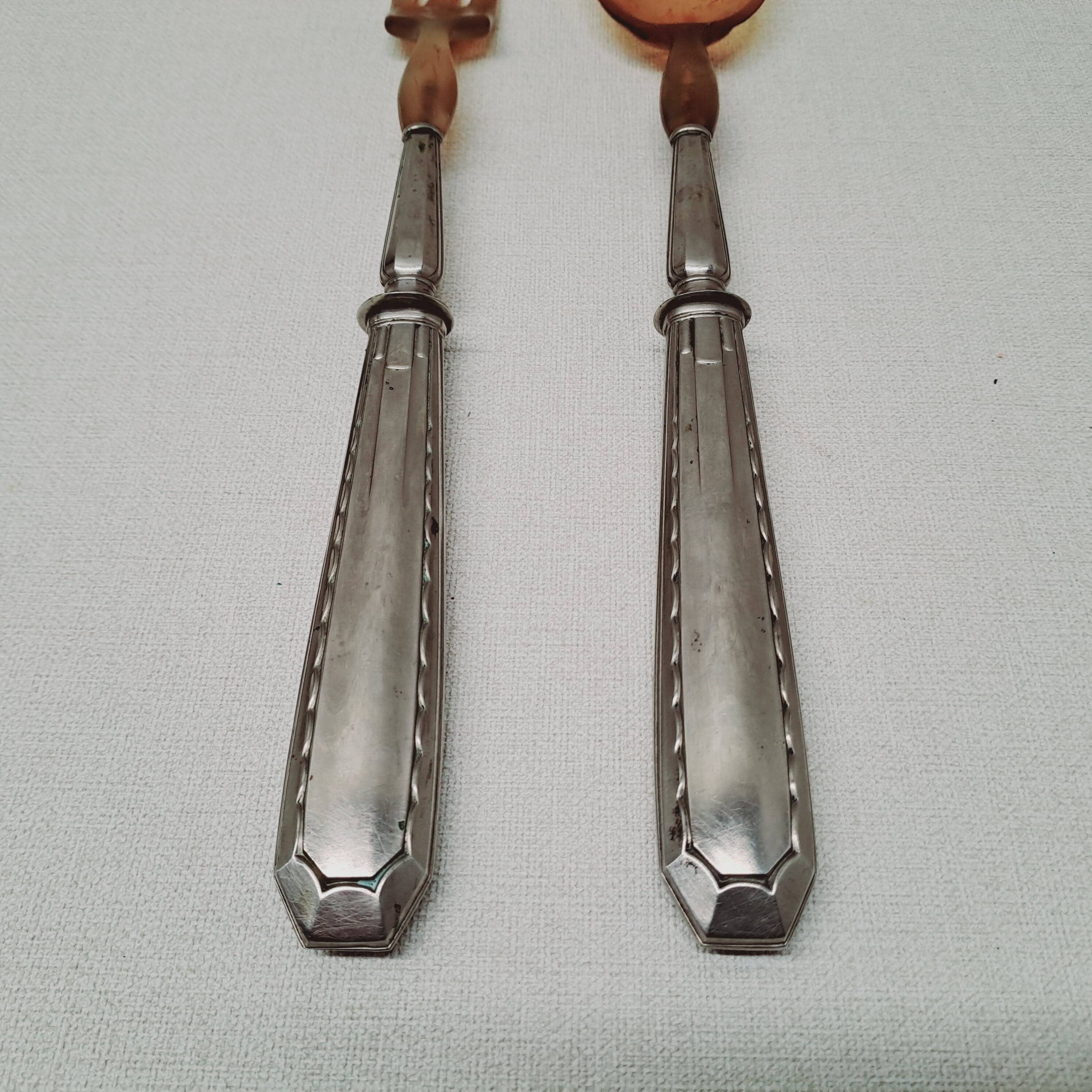 Horn and silver-plated salad servers