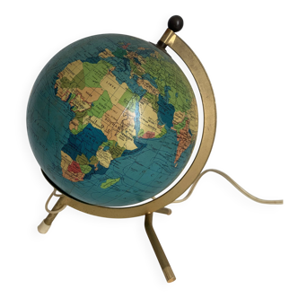 Vintage 1967 terrestrial globe by Taride, golden tripod, glass world map - 22 cm