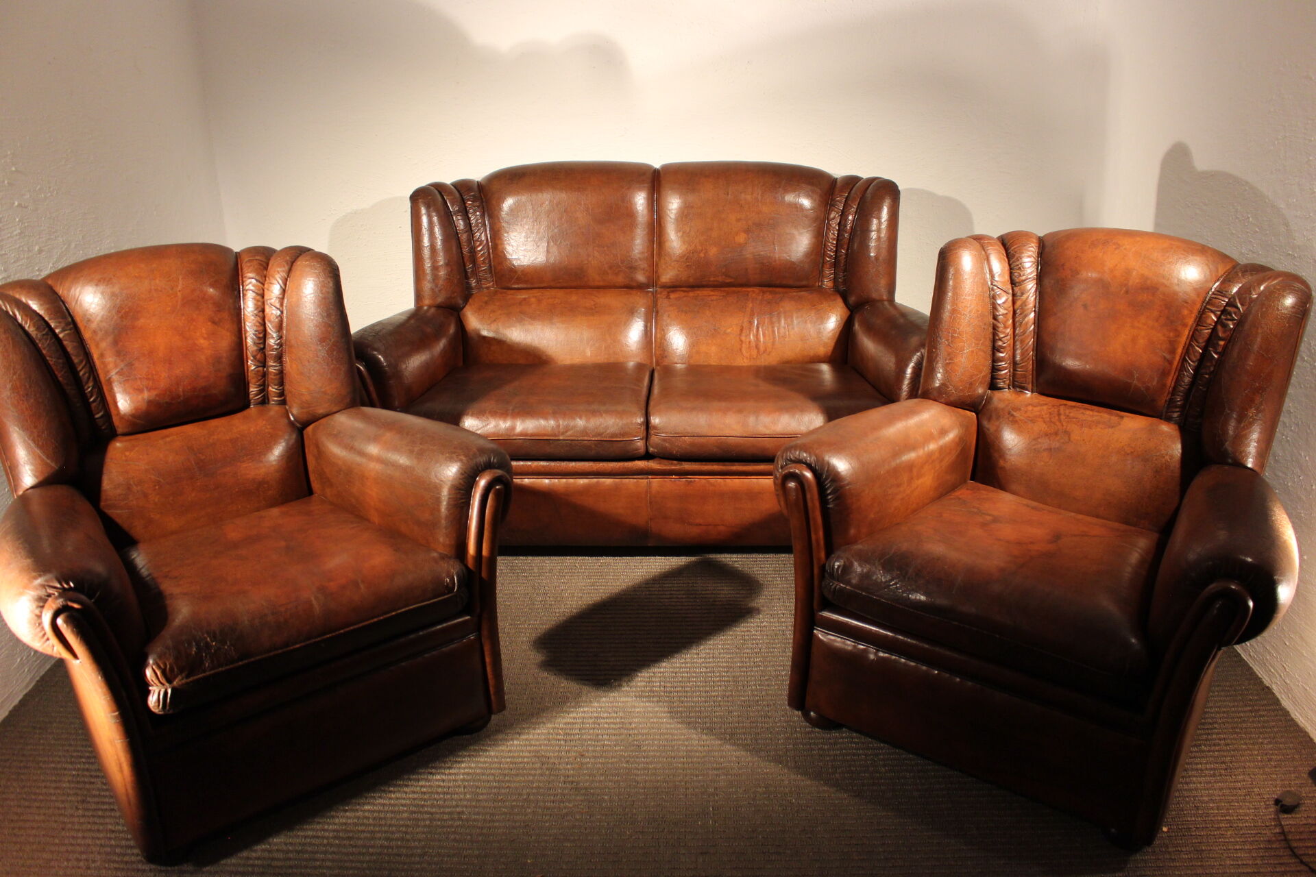 Set of 3 armchair, english leather, 1950s