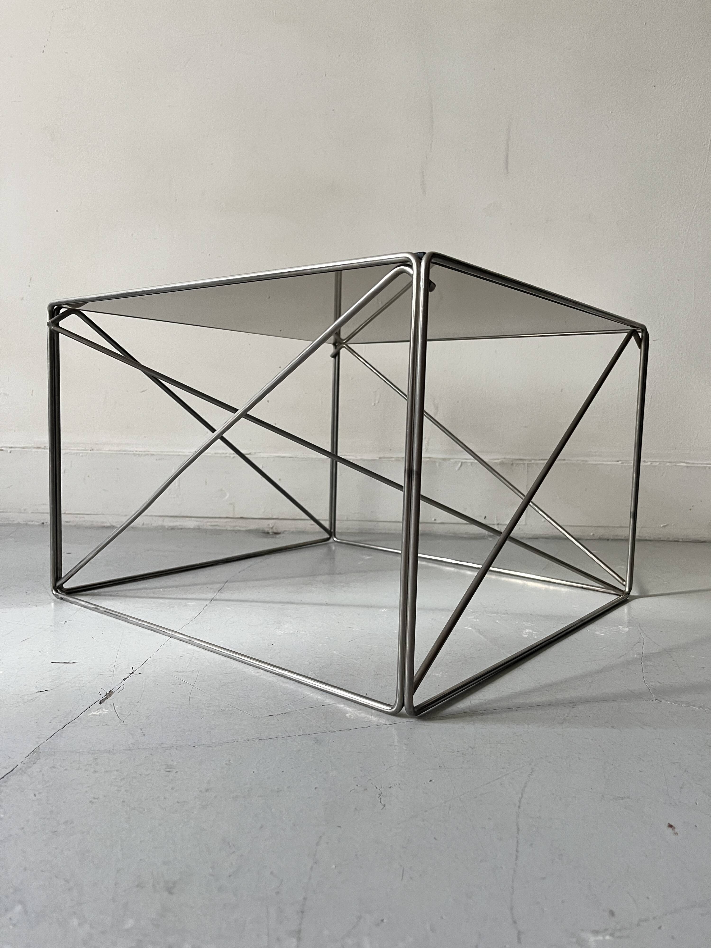 Smoked glass and chrome designer coffee table by Max Sauze, Isocèle collection, 1970