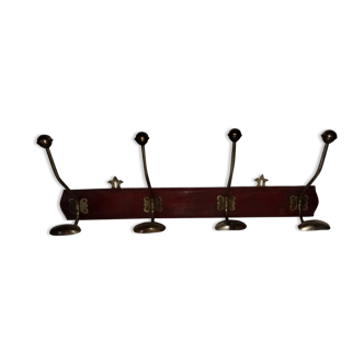 Old wall coat rack wood and iron 4 hooks