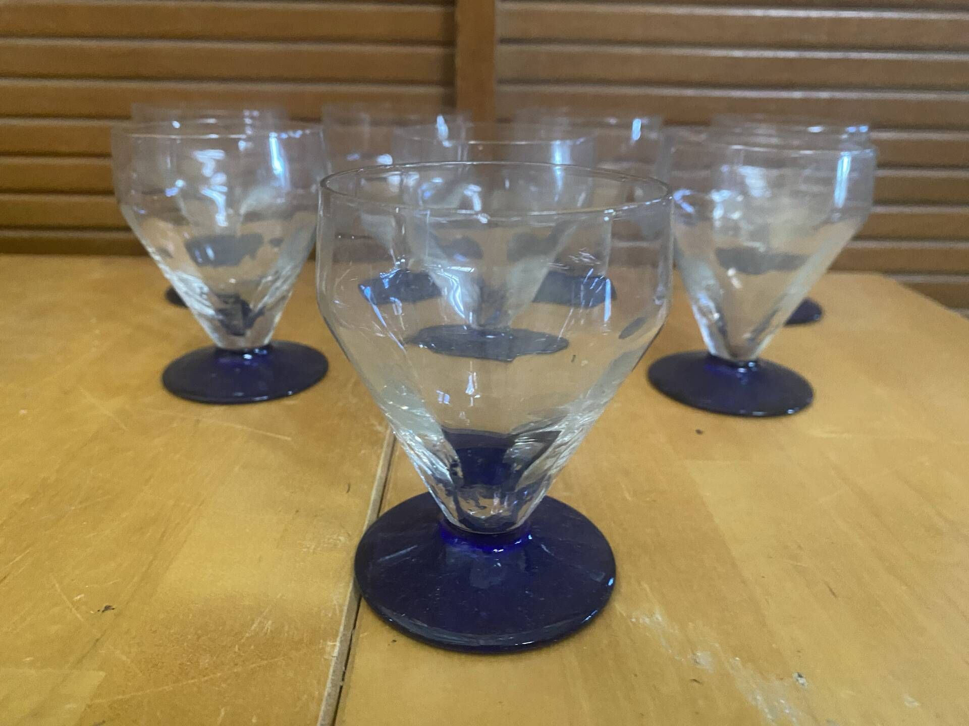 Set of 23 Stemmed Glasses Transparent Glass + Cobalt Blue Stems Vintage
