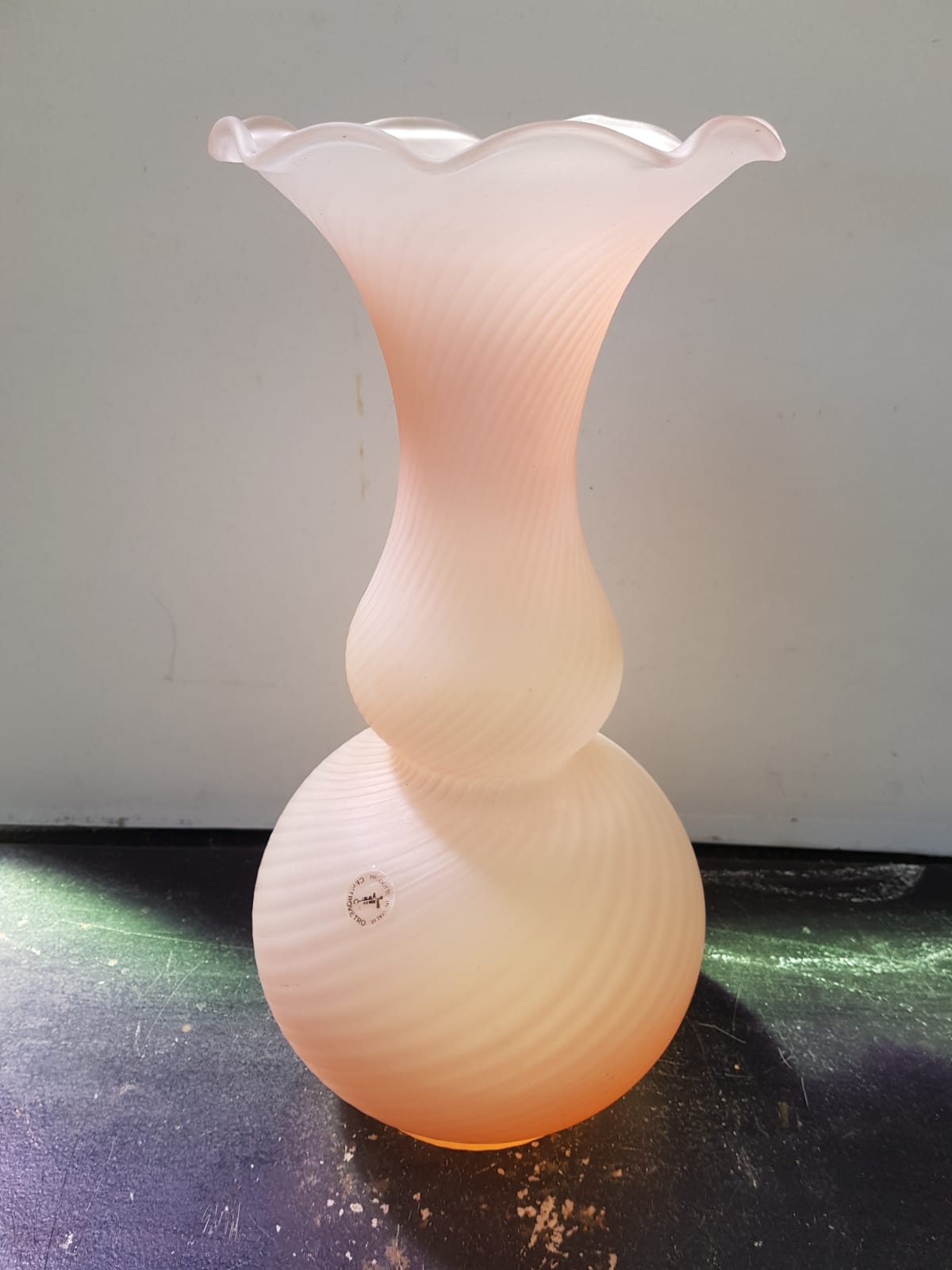 Old centrovetro vase pink opaline glass corolla neck made in Italy vintage