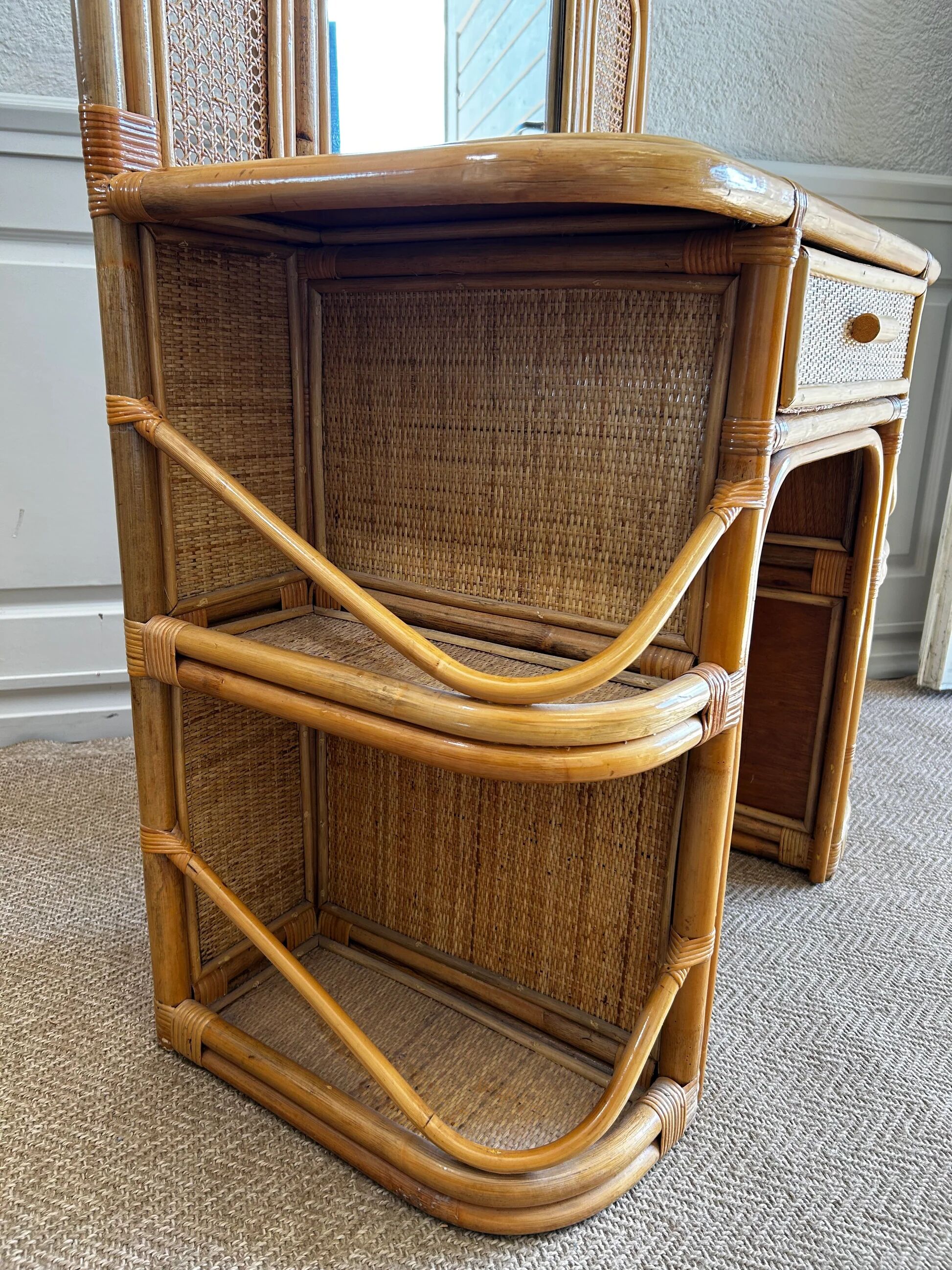 Bamboo and rattan vanity / dressing table with drawer and mirror, 1970s mid-century modern