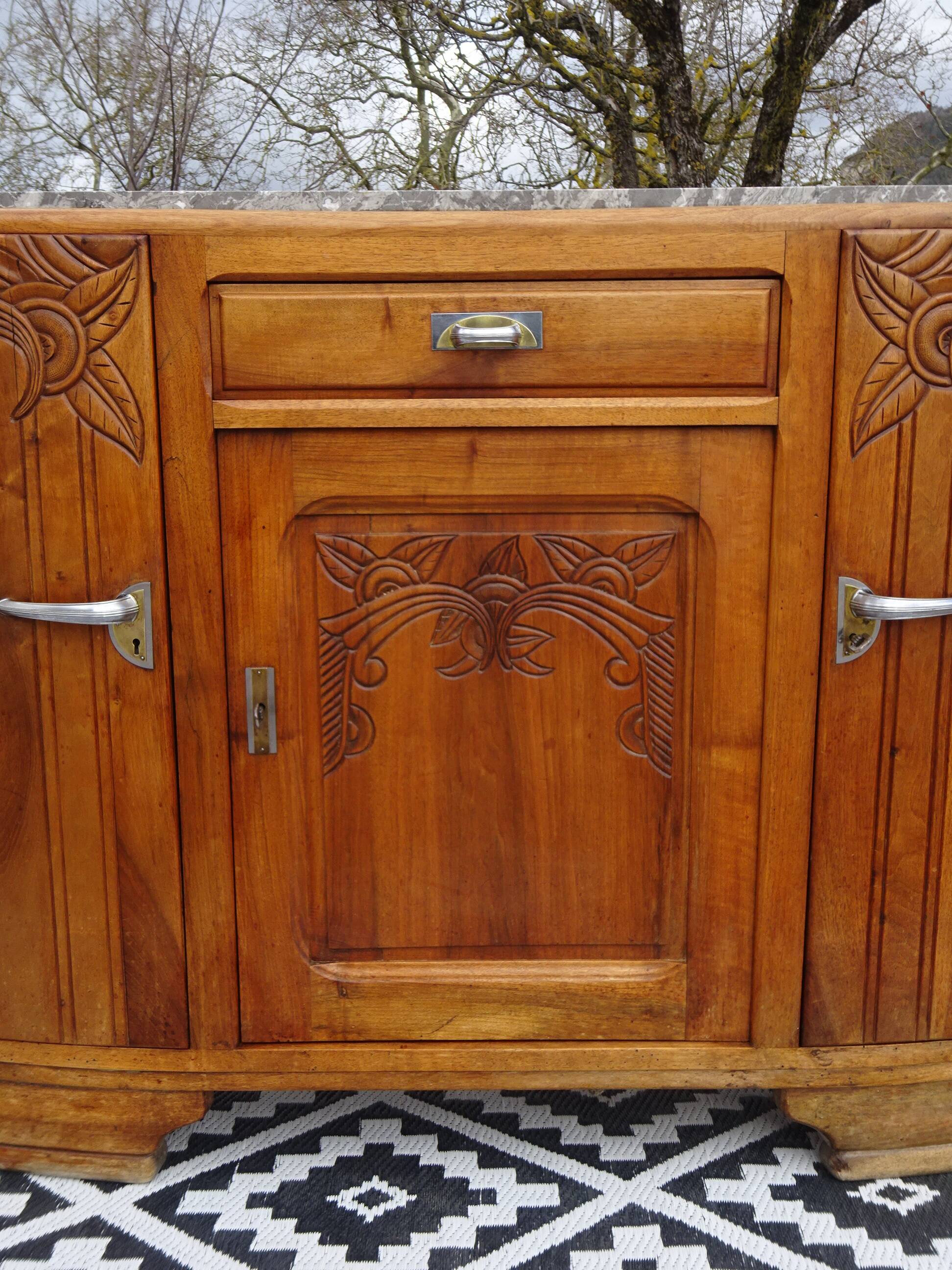 Narrow sideboard, art deco in light walnut, gray marble top