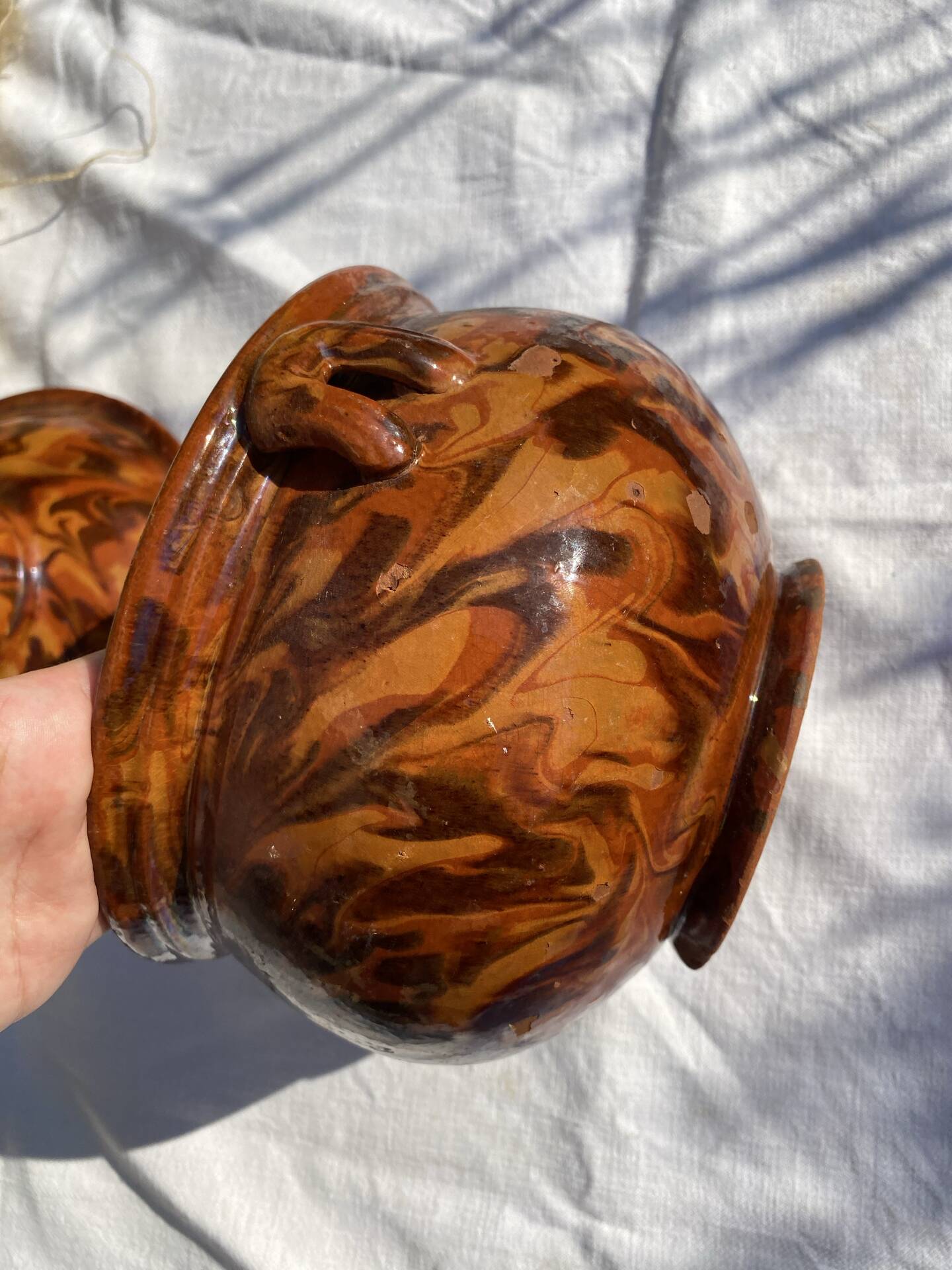 Antique marbled glazed earthenware soup tureen from the southwest, 18th century.