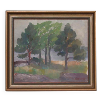 Original Mid Century Swedish Oil on Panel – “Trees, Landscape Motif” b