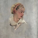 Oil on canvas charming portrait of a young woman with a headdress 1920