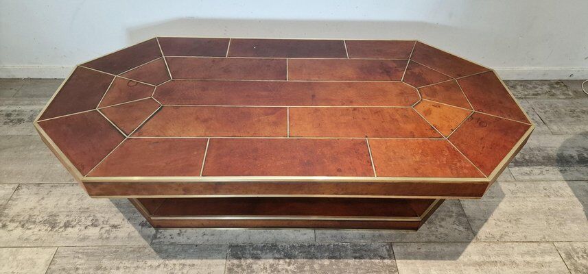 Brown leather coffee table with brass details, France, 1975