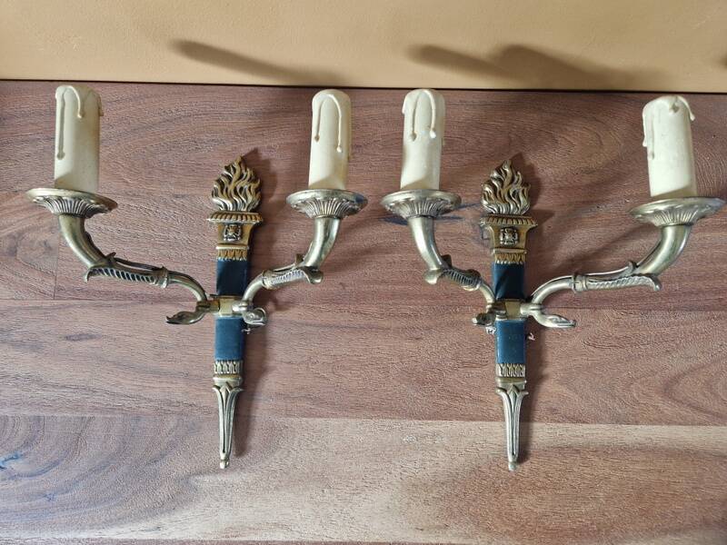 Pair of Empire style wall sconces in gilded bronze and green lacquer.