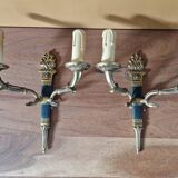 Pair of Empire style wall sconces in gilded bronze and green lacquer.