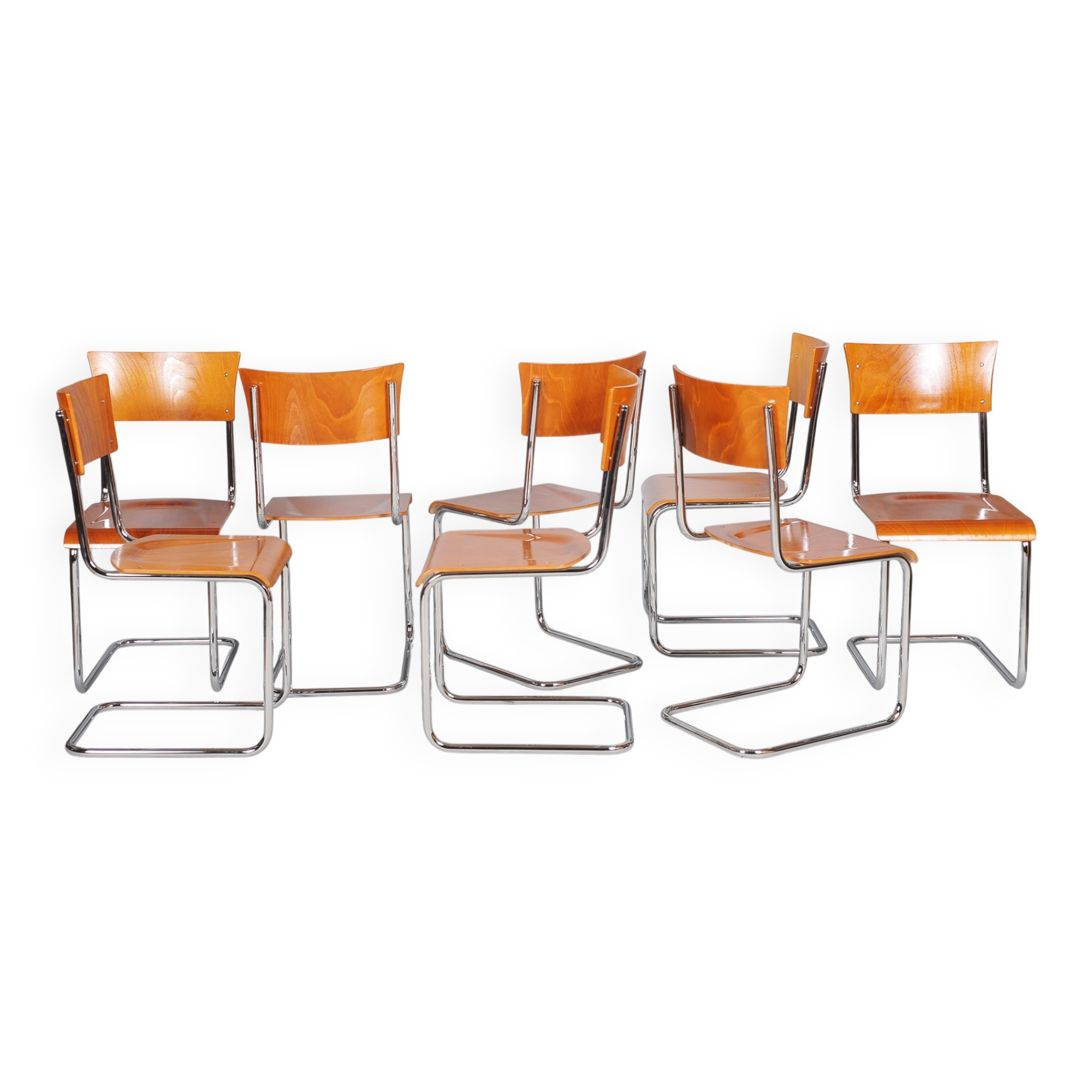 Vintage Bauhaus Chairs in Beech and Chrome, Czech, 1930s, Set of 8