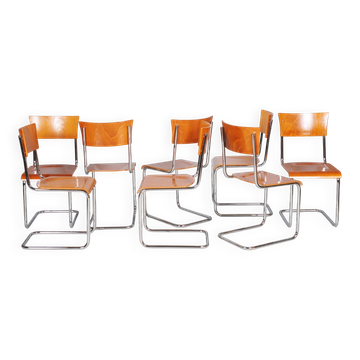 8 chaises Bauhaus vintage en hêtre et chrome, tchèque, années 1930