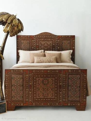 Antique Art Deco Bed Middle Eastern Damascene Inlaid Mother of Pearl Mosaic