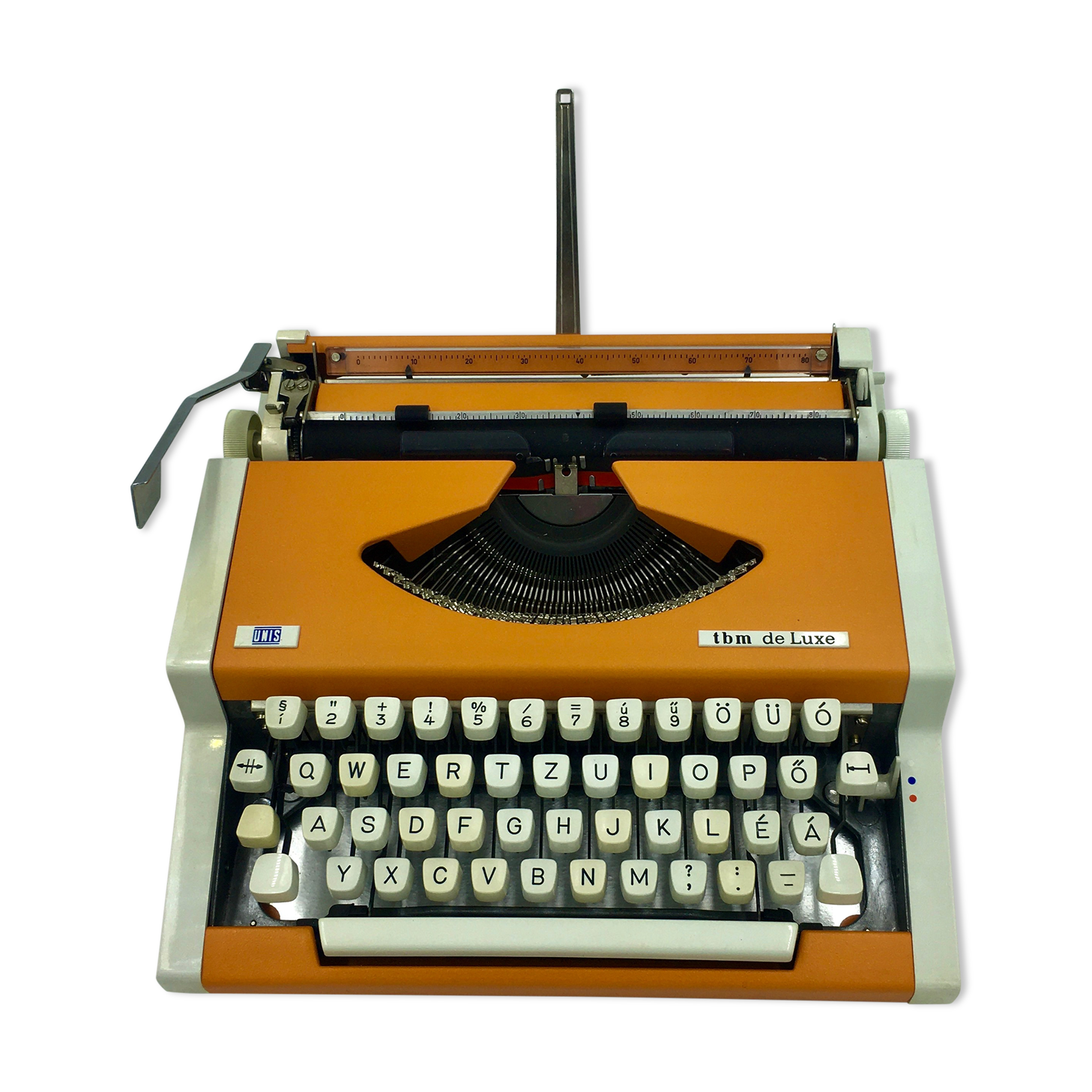 WE typewriter orange