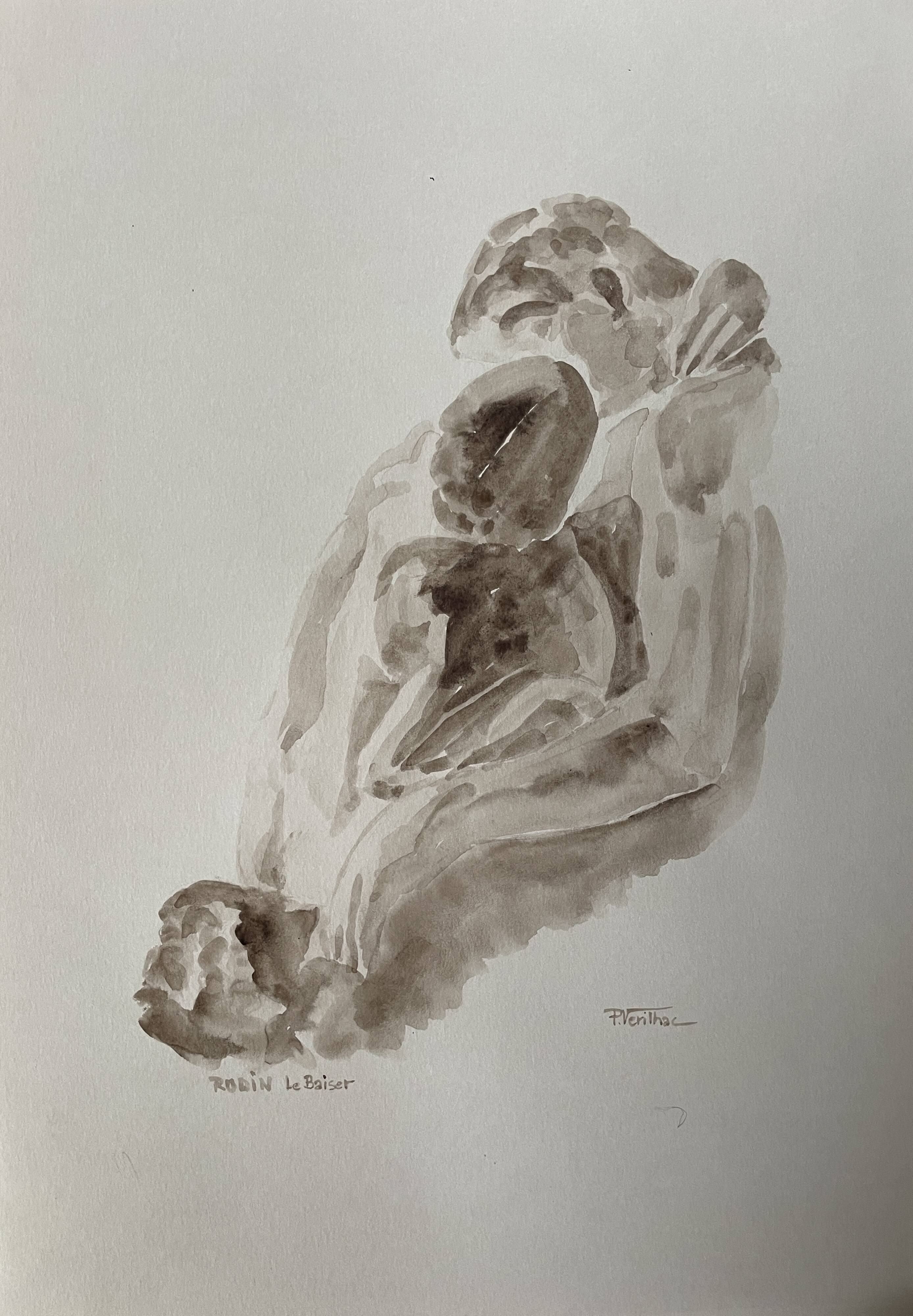 Painting signed sepia monochrome watercolor study of the statue “Rodin’s kiss”
